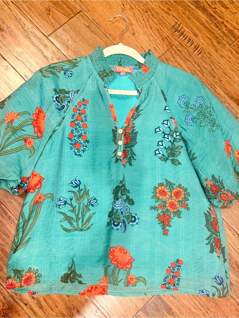 THML Teal Floral Split-Neck Tunic with Orange & Blue Blooms